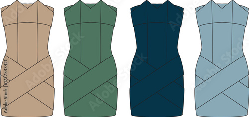 A collection of technical flat sketches illustrating a modern sleeveless bodycon dress with an asymmetrical wrap skirt, presented in four distinct color variations for fashion design concepts
