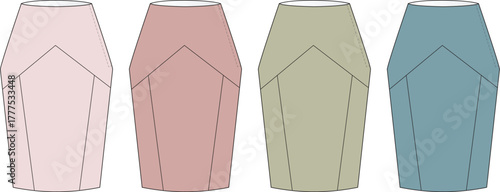 Fashion design template featuring a collection of women's high-waisted pencil skirt technical flat sketches in multiple colorways