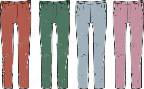 Fashion design technical flat sketch of casual chino trousers. Garment template collection shown in multiple color options for apparel
