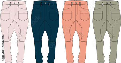 Four different colored designer pants, each with unique detailing and a relaxed fit, presented against a white background