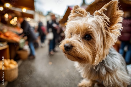 Fototapeta Naklejka Na Ścianę i Meble -  yorkshire terrier on bustling urban market