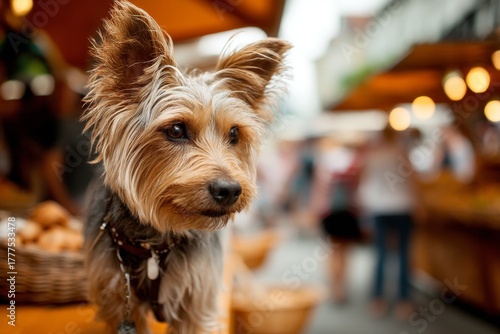 Fototapeta Naklejka Na Ścianę i Meble -  yorkshire terrier isolated on bustling urban market