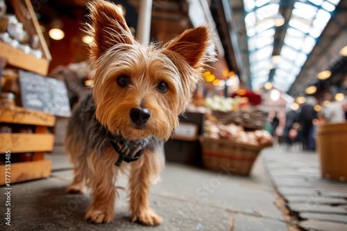 Fototapeta Naklejka Na Ścianę i Meble -  yorkshire terrier while standing against bustling urban market