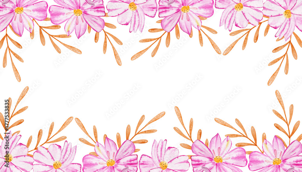 Fototapeta premium Horizontal border frame of pink flowers and gold leaves on white background. Watercolor illustration drawn by hand.