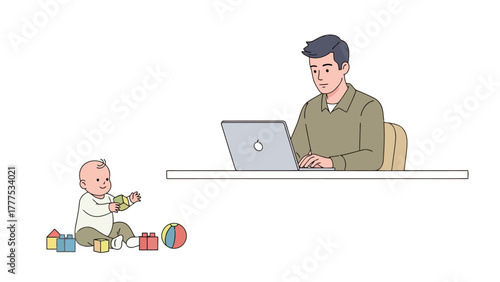 A baby plays with blocks while a man works on a laptop