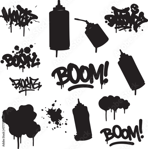 Spray paint elements in black and white graffiti style illustration art