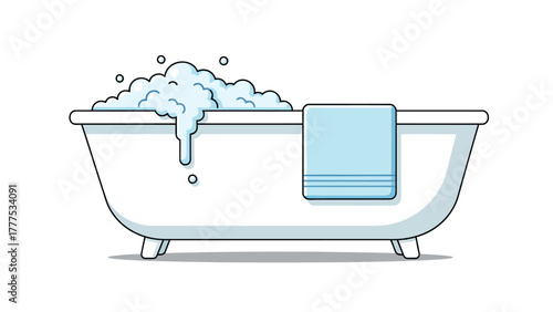 A bathtub filled with overflowing bubbles and a towel hanging over the edge