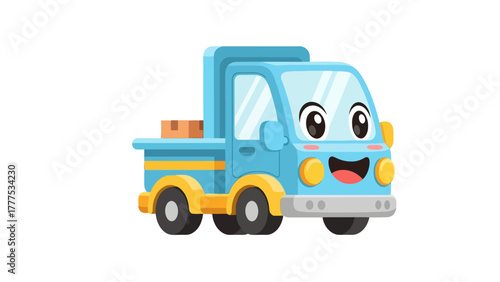 A blue cartoon pickup truck with large eyes and an open mouth