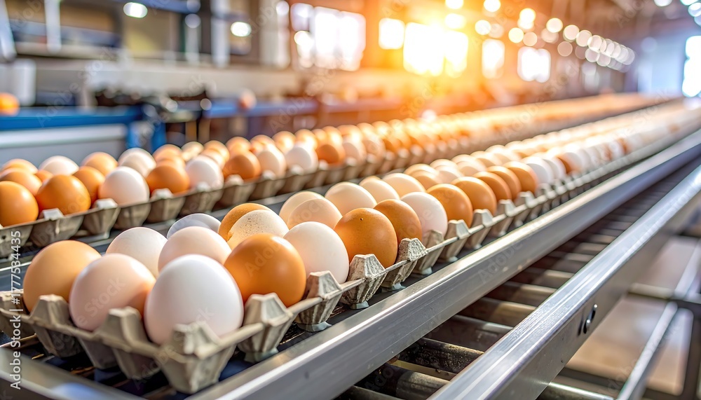 Fototapeta premium Rows of packed eggs on a conveyor belt under bright lighting in a factory, showing food production processing