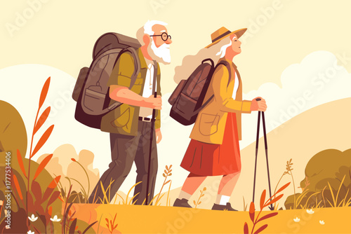 Cartoon elderly couple hiking in the mountains, with walking poles and backpacks, green valley, vector illustration