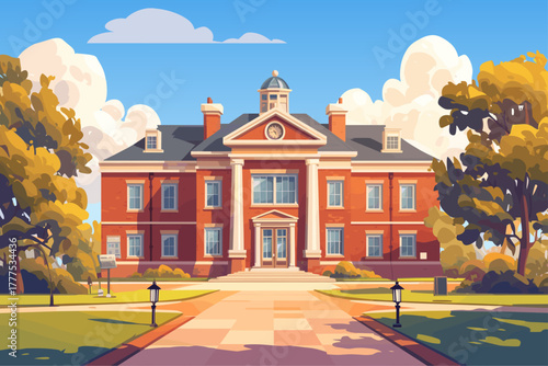 Cartoon European school building in the morning in summer, classical architecture, childrens education, vector illustration