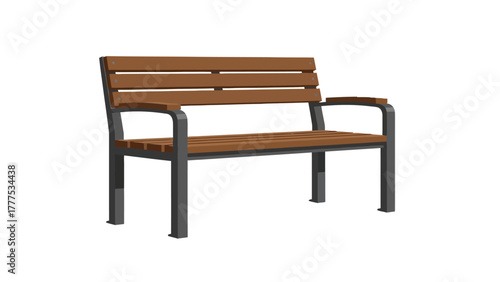 A brown wooden bench with dark grey metal legs and armrests