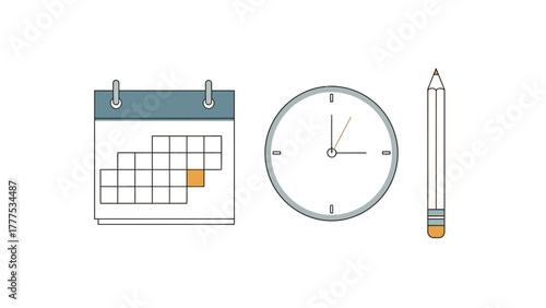 A calendar clock and pencil on a white background