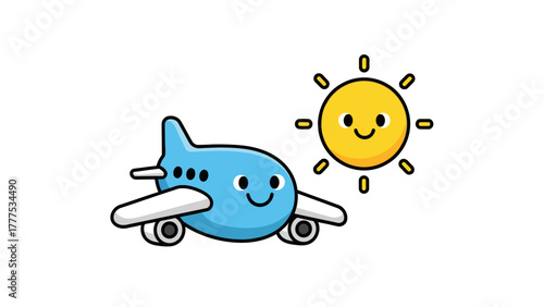 A cartoon airplane flies next to a smiling sun
