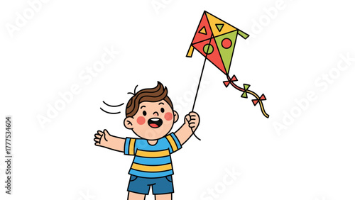 A cartoon boy cheerfully holds a colorful kite