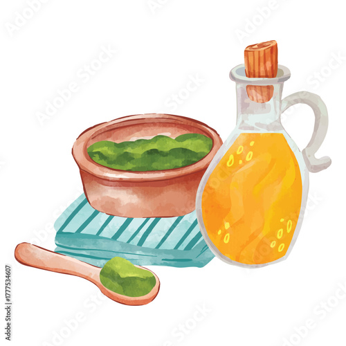 Herbalist Tool of Extraction Oil Herbs. Clipart Composition. Hand Drawn Watercolor Vector Illustration. Isolated Elements on White Background