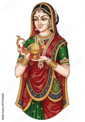 Indian Folk Art Depiction of a Woman in Green Saree Holding Diya Lamp in Devotional Pose