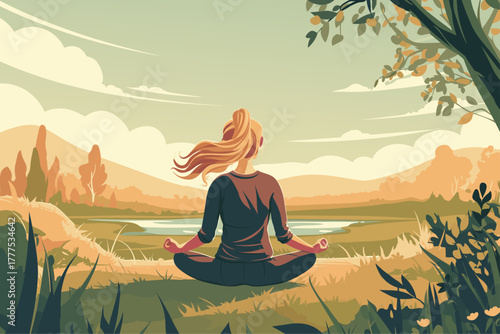 Cartoon girl doing yoga in a clearing in the forest in summer at dawn in front of the lake, meditation in nature, vector illustration