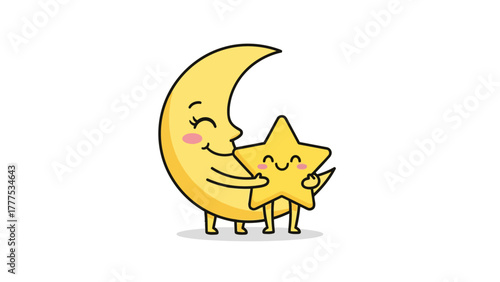 A cartoon crescent moon hugs a cartoon star