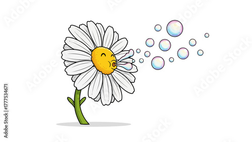 A cartoon daisy blows iridescent bubbles