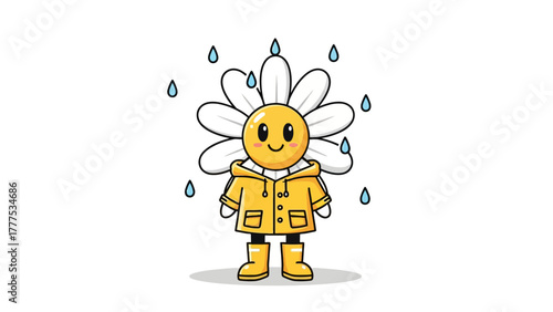 A cartoon daisy in a yellow raincoat and boots stands in the rain