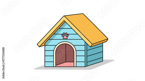 A cartoon doghouse with a blue body and orange roof