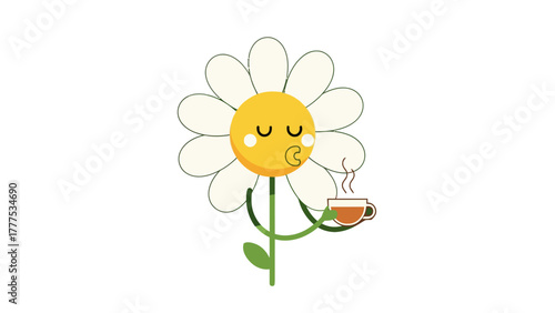 A cartoon daisy with a yellow center drinks from a brown cup of steaming coffee