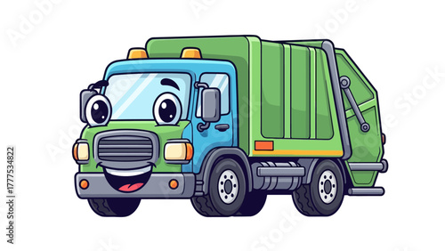 A cartoon garbage truck with a friendly face