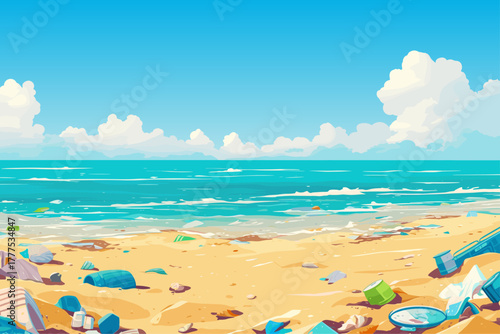 Cartoon sandy beach by the sea filled with garbage and waste, plastic bottles, pollution of nature, vector illustration
