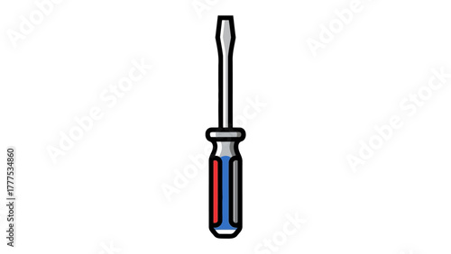 A cartoon image of a flathead screwdriver with a colored handle