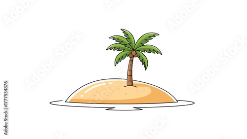 A cartoon palm tree stands on a sandy island surrounded by water