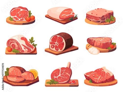 cartoon set of meat products on boards with vegetables and herbs, different shapes and types, vector illustration