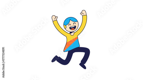 A cartoon person with blue hair jumps with arms raised
