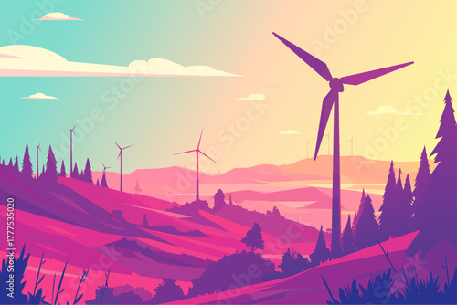 Cartoon windmills in fields and hills at sunset among fir trees, green energy concept, vector illustration