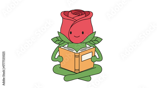 A cartoon rose character reading a book