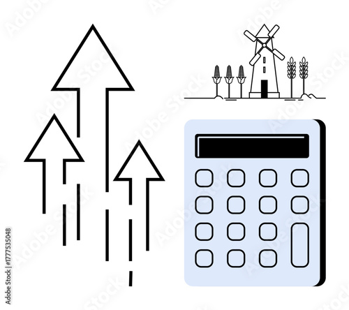 Upward arrows symbolizing growth, digital calculator representing analytics, windmill and crops for agriculture development. Ideal for finance, innovation, sustainability, agriculture, economy