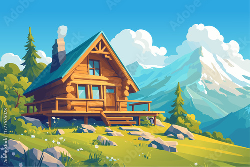 Cartoon wooden hut in the mountains in the forest on a bright sunny day, lawn with stones, vector illustration