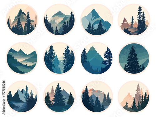 Set of badges with nature views, mountains, valleys, hills, coniferous forests, sunrises and fog, icons of nature reserves and national parks, vector illustration