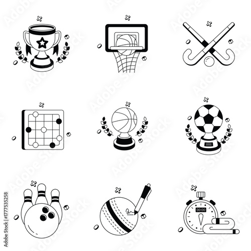 Competitive Sports Goals – Symbols of team strategy, tournament planning, and winning achievements Vector Icons Set 2