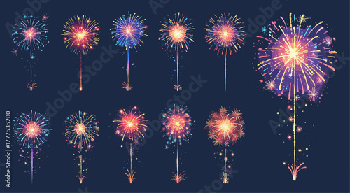Set of bright colored fireworks in the night sky, holiday atmosphere, flying lights, vector illustration