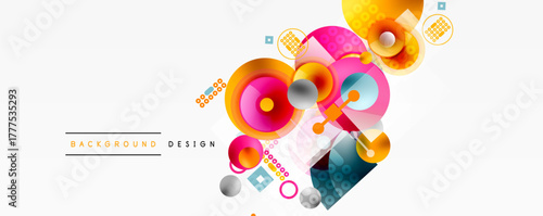 Abstract colorful design. Overlapping circles, squares create dynamic composition. Modern background for presentations, banners.