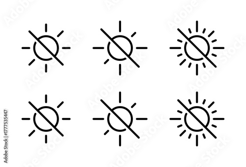 Brightness off icon set collection. Sun line with slash symbol. Light disable sign