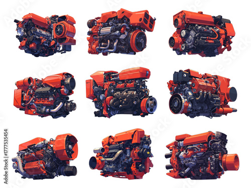 Set of cartoon fantasy internal combustion engines, mechanical parts, automobile part, vector illustration