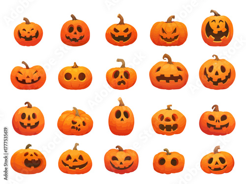 Set of cartoon pumpkins for Halloween with different emotions, autumn vegetables, holiday decoration, vector illustration