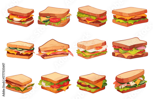 Set of cartoon sandwiches with different fillings of vegetables and meat, eggs, different bun shapes, light snack, lunch, vector illustration