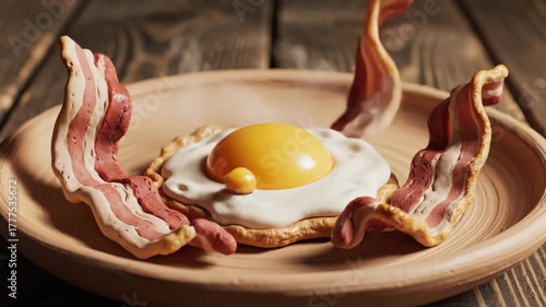 A lone egg sits on a wooden plate, slowly cracking to reveal a perfectly cooked sunny-side up egg, surrounded by crispy bacon. Watch this culinary journey unfold.