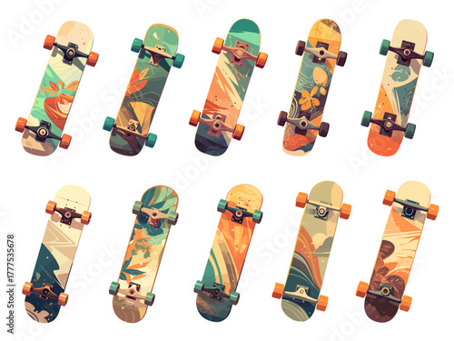 Set of cartoon skateboards with different colors and styles, street culture, youth transport, vector illustration