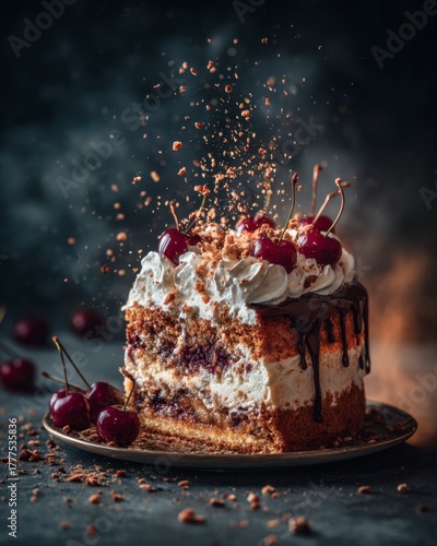 Delicious Chocolate Cherry Layer Cake with Whipped Cream and Sprinkles