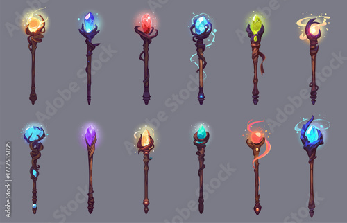 set of magic staffs of the magician with different designs, stones, magic attributes, vector illustration