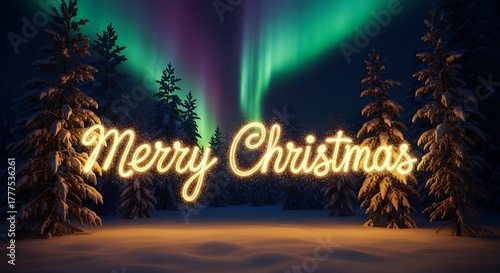 Magical christmas night with snow covered trees and the northern lights illuminating the sky with a festive merry christmas message glowing brightly